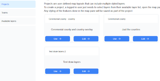 Available projects selectable from the Project page